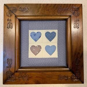 Vintage Country Wood Framed Quilted Hearts Etched Hearts on Frame Farmhouse